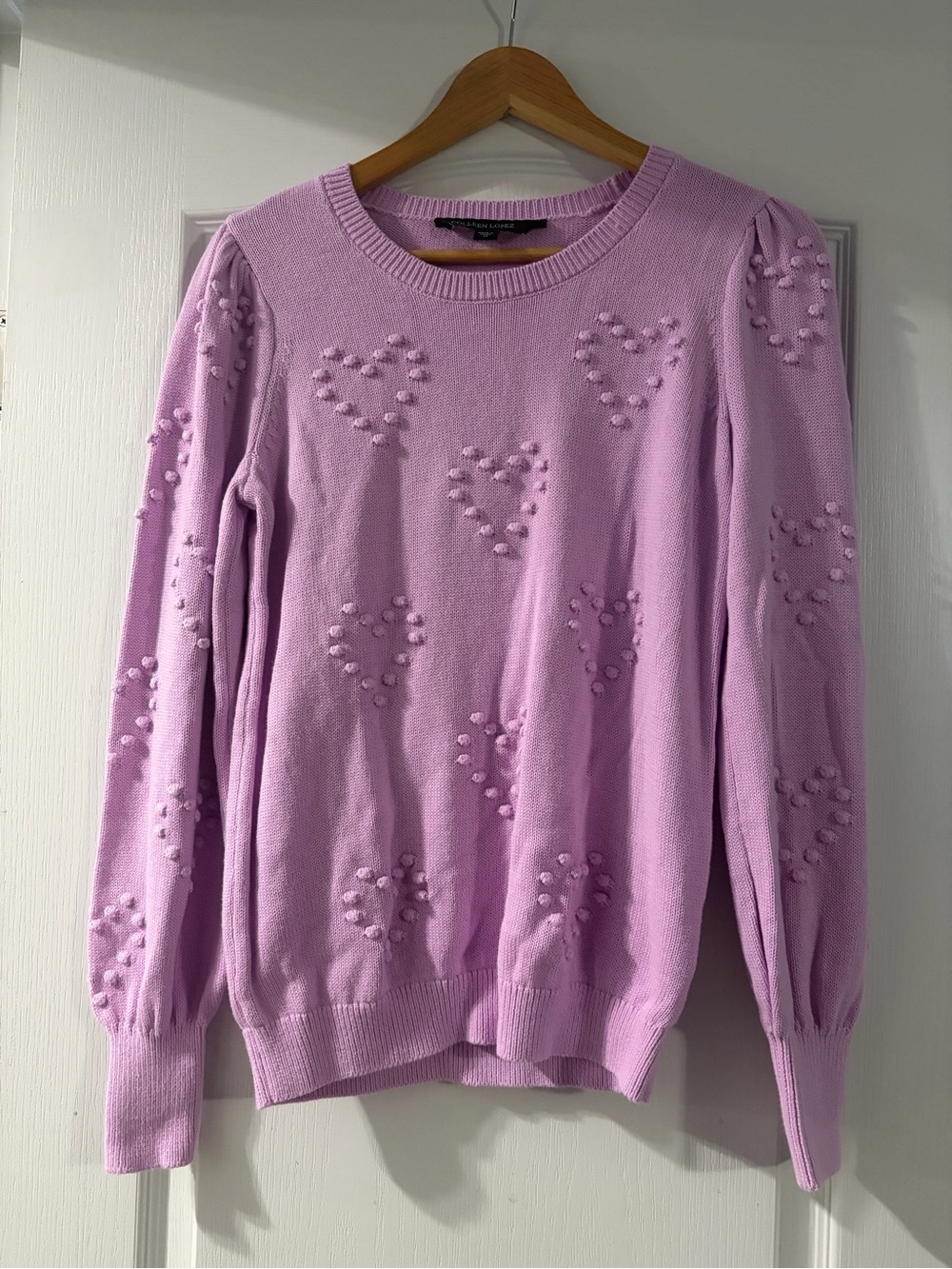 Colleen Lopez Lilac Crewneck Sweater with Pom-Pom Heart Details